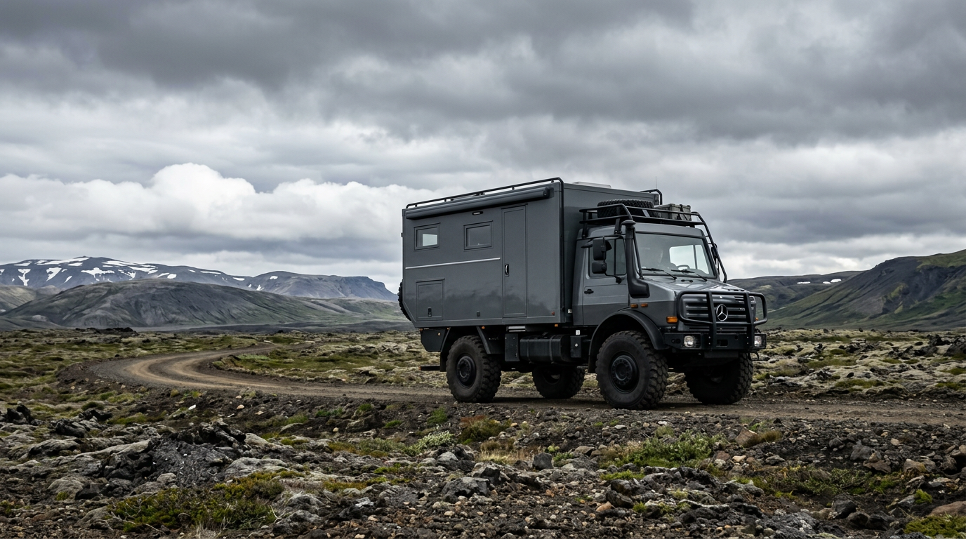 Illustrative expedition truck on a remote mountain journey